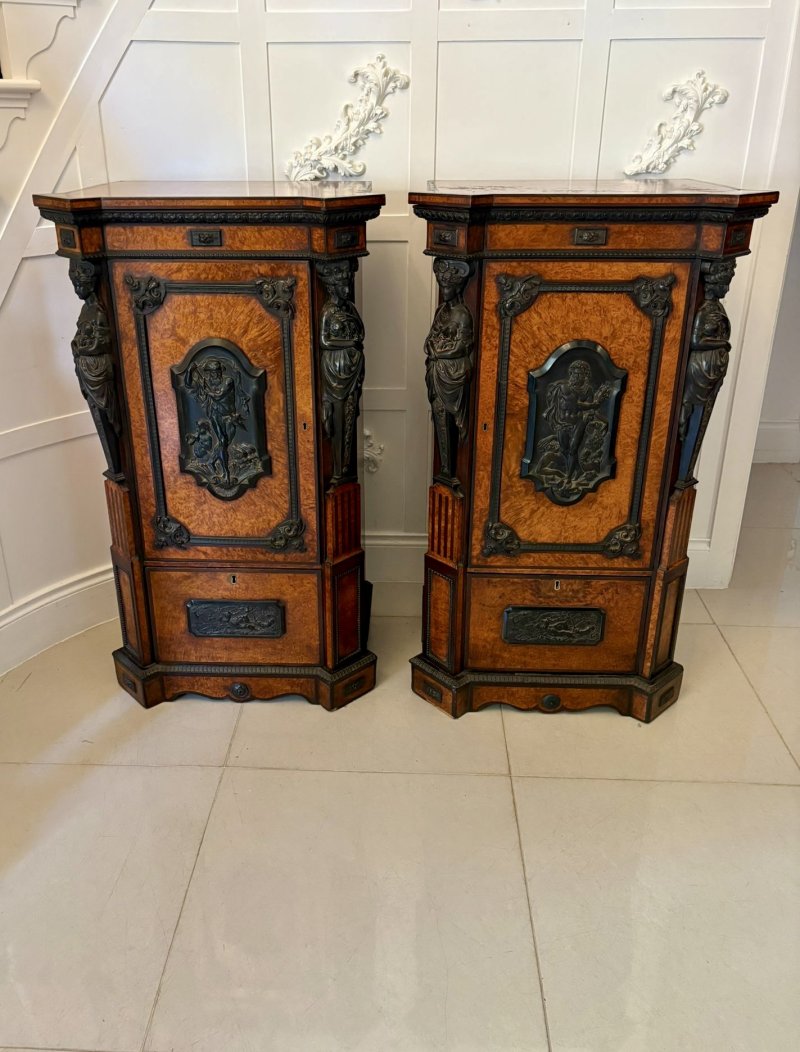 Exhibition Quality Pair of Antique Victorian Amboyna and Carved Ebony Pedestals